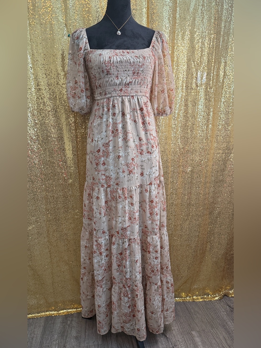 Audrey Parks by Francesca’s floral smocked Maxi Dress with puff sleeves